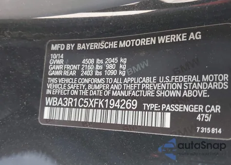 2015 BMW 435I z USA, uszkodzony, nr VIN WBA3R1C5XFK194269